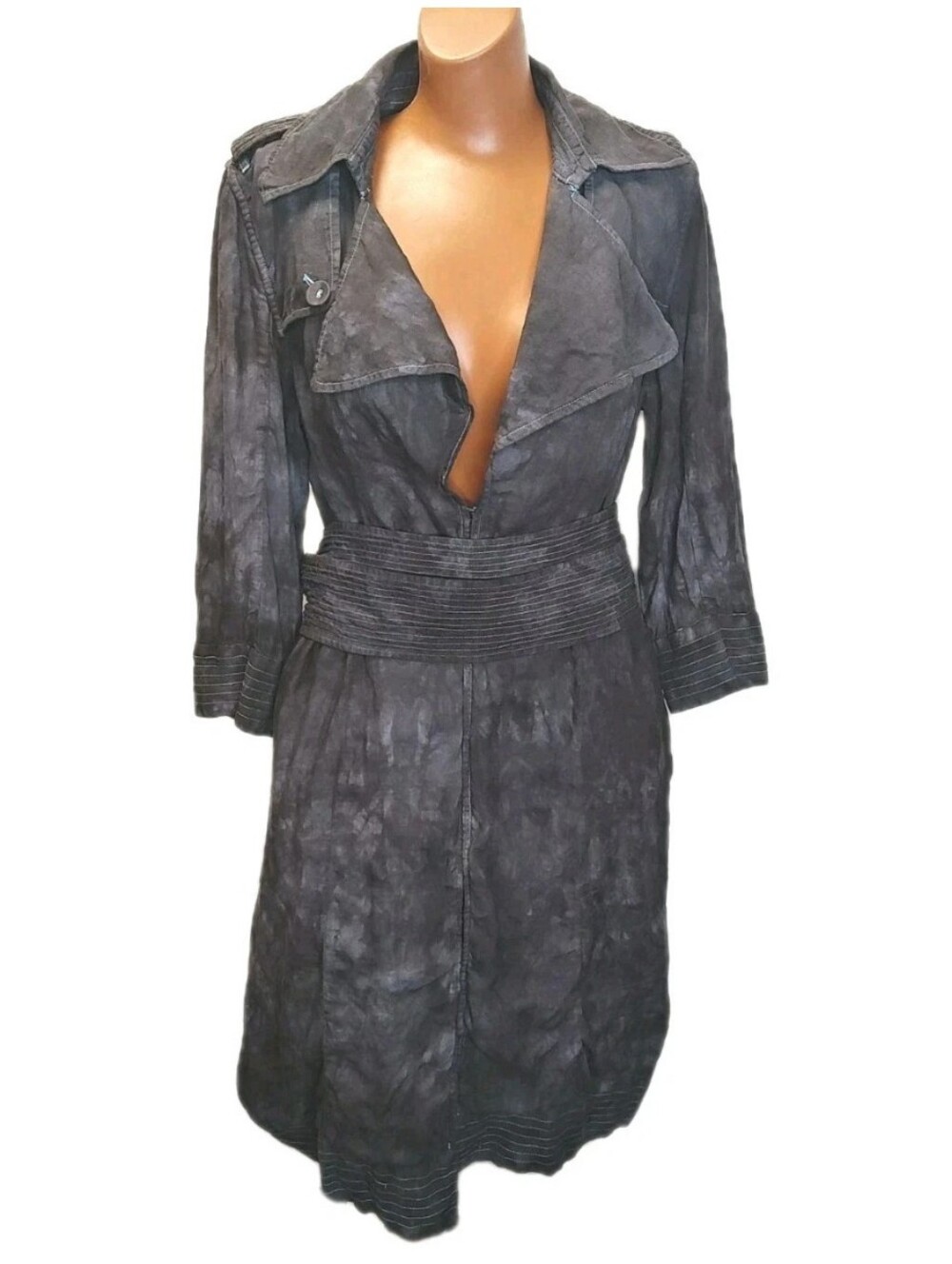Vintage Calypso Christian Celle 100% Linen Trench Coat S/M Grey Acid Wash Belted